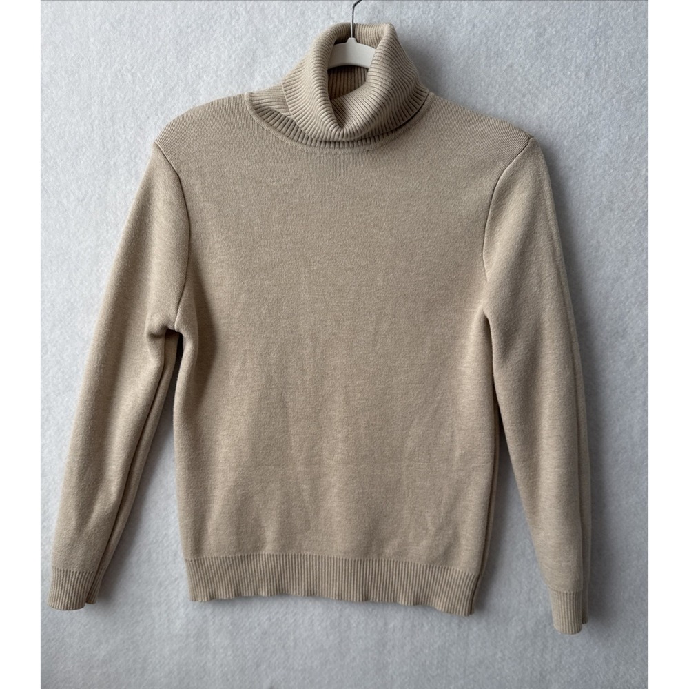 Classic Neutral Tan Turtleneck Fleece Lined Knit Sweater Womens S Chic Cozy Boho